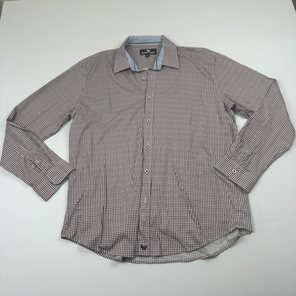 Butter Cloth Shirt Mens XL White Red Blue Plaid Button Up Long Sleeve Cotton